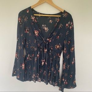 American Eagle Outfitters Soft Blue Floral Long Sleeve Blouse